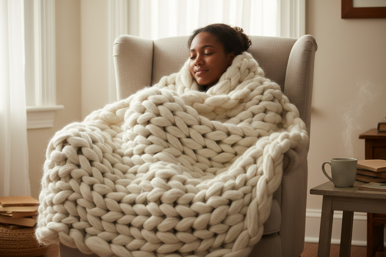 Black girl wrapped in a jumbo yarn blanket