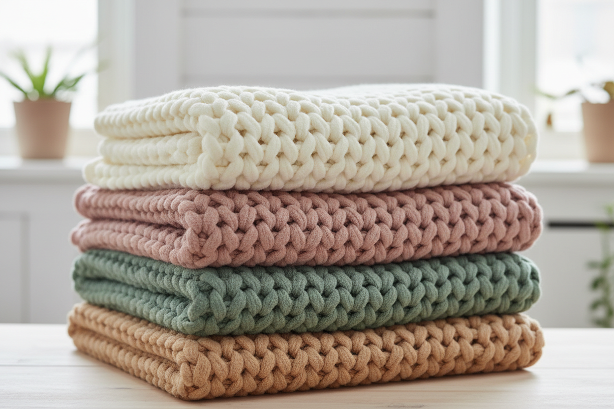 Chunky knit blanket folded on top of each other